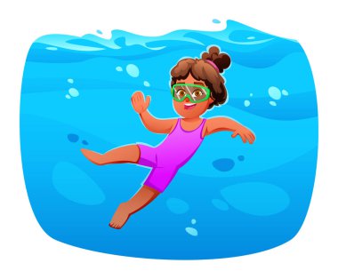 Kıvırcık saçlı ve gözlüklü neşeli kız suyun altında yüzüyor. Vektör çizgi film karakteri çizimi