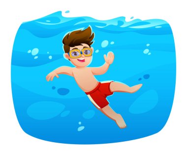 Gözlük takan küçük çocuk yaz boyunca berrak mavi sularda dalıyor. Vektör çizgi film karakteri çizimi