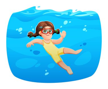 Saçları örgülü ve gözlüklü şirin küçük kız sarı bir takım elbiseyle su altını keşfediyor. Vektör çizgi film karakteri çizimi