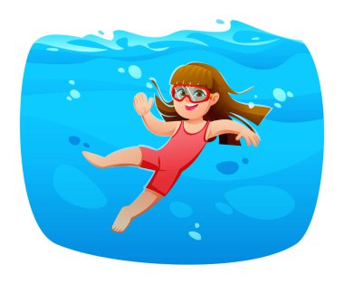 Mavi suda yüzen, uzun saçlı, gözlüklü neşeli bir kız. Vektör çizgi film karakteri çizimi