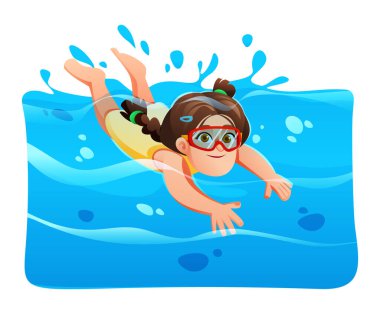 Gözlüklü ve su sıçratan tatlı kız suyun altında yüzüyor. Vektör çizgi film illüstrasyonu