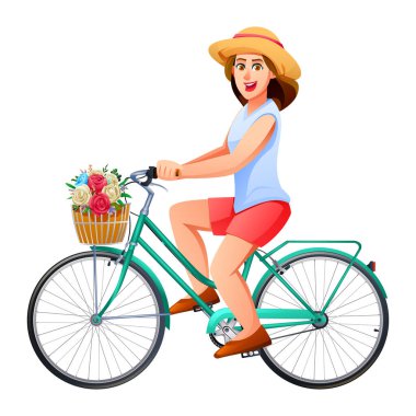 Hasır şapkalı, çiçekli bisiklet süren gülümseyen bir kadın. Vektör çizgi film karakteri çizimi