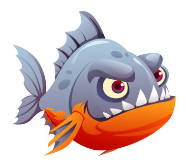 Huysuz piranha balık maskotu keskin dişleri ve şüpheli bakışları var. Vektör çizgi film karakteri çizimi