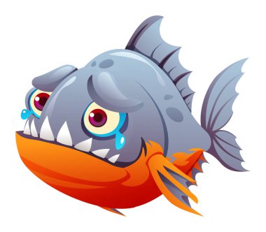 Mavi gözyaşları ve keskin dişleri olan üzgün ağlayan piranha balık maskotu. Vektör çizgi film karakteri çizimi