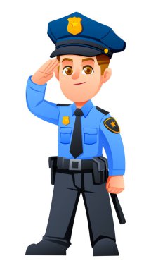Polis üniforması ve şapka giyen cesur küçük çocuk saygılı bir selam veriyor. Vektör çizgi film karakteri çizimi