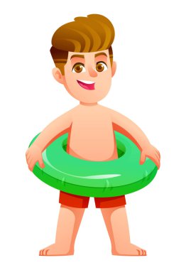 Belinde yeşil şişirilebilir bir yüzme yüzüğüyle ayakta duran gülümseyen genç çocuk. Vektör çizgi film illüstrasyonu