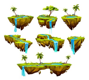 Şelaleleri, palmiye ağaçları ve mavi nehirleri akan tropik yüzen adalar. Vektör çizgi film illüstrasyonu