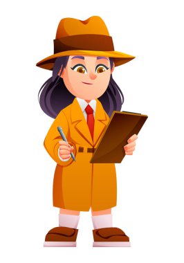 Profesyonel dedektif soruşturma için elinde kalemle not alıyor. Vektör çizgi film karakteri çizimi