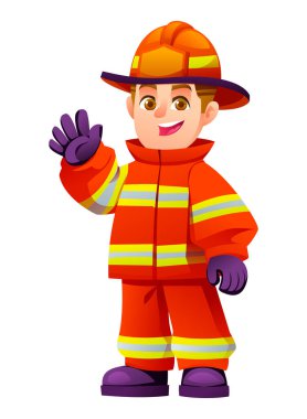Dost canlısı, koruyucu giysili itfaiyeci çocuk gülümseyerek elini sallıyor. Vektör çizgi film karakteri çizimi