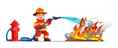 Büyük bir yangını söndürmek için kırmızı bir yangın musluğunun hortumunu kullanan cesur itfaiyeci. Vektör çizgi film illüstrasyonu