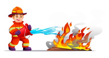 Genç itfaiyeci çocuk ateş saçan bir kovayı durdurmak için su fırlatıyor. Vektör çizgi film illüstrasyonu