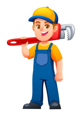 Güçlü küçük tesisatçı omzunda kocaman kırmızı bir İngiliz anahtarı taşıyor. Vektör çizgi film karakteri çizimi