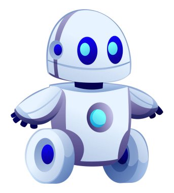 Otomasyon ve yardım için tasarlanmış tekerlekli sevimli robot karakter. Vektör çizgi film illüstrasyonu