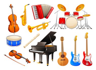 Piyano, davul ve keman gibi çeşitli müzik aletlerinin koleksiyonu. Vektör çizgi film illüstrasyonu