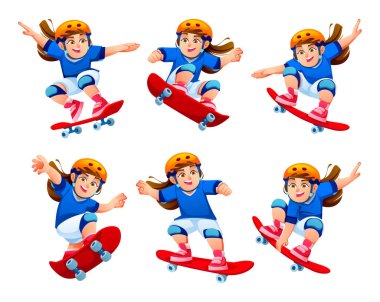 Genç kız karakter seti kaykay numaraları yapıyor ve kaskla zıplıyor. Vektör çizgi film illüstrasyonu