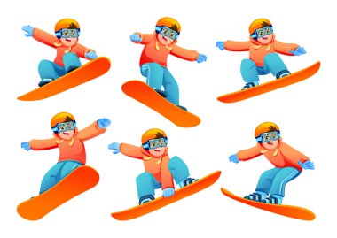 Snowboard 'da zıplayan kapüşonlu çocuk karakteri. Vektör çizgi film illüstrasyonu