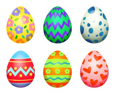 Altı dekoratif Paskalya yumurtası, kalp, çiçek ve dalgalı zigzag çizgisi süslemeleri. Vektör çizgi film illüstrasyonu