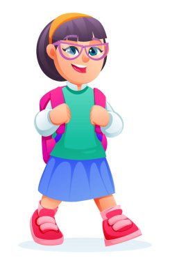 Sırt çantalı, gözlüklü, neşeli bir ifadeyle yürüyen tatlı bir kız öğrenci. Vektör çizgi film karakteri çizimi