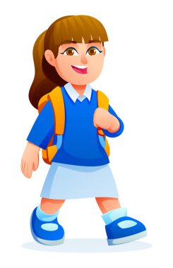 At kuyruklu ve sırt çantalı güzel kız neşeyle bir adım öne çıkıyor. Vektör çizgi film karakteri çizimi