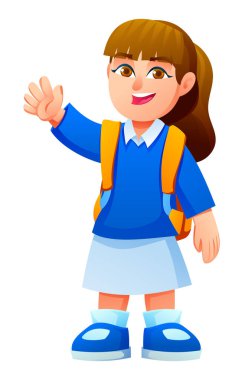 At kuyruklu ve sırt çantalı gülümseyen kız selam vermek için elini sallıyor. Vektör çizgi film karakteri çizimi