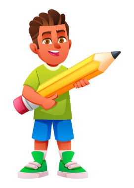 Yaratıcı işler için kollarında kocaman sarı bir kalem tutan sevimli küçük çocuk. Vektör çizgi film karakteri çizimi