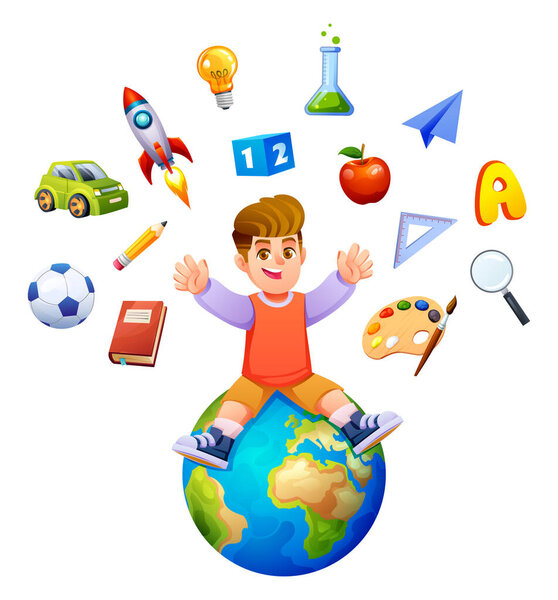 Счастливый мальчик сидит на земном шаре с распростертыми объятиями в окружении игрушек и школьных принадлежностей, показывая образование и воображение концепции. Векторная иллюстрация