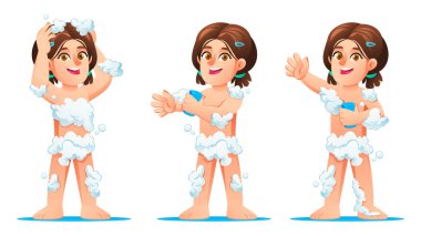 Beyaz arka planda değişik pozlarda sabun köpüğü ile saç ve vücut yıkayan tatlı bir kız. Vektör çizgi film karakteri çizimi