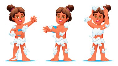 Kıvırcık saçlı, sabun ve kabarcıklarla yıkanan üç farklı pozda küçük bir kız. Vektör çizgi film karakteri çizimi