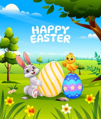Renkli boyalı yumurtaları bahar çayırlarında olan sevimli tavşan ve civciv. Mutlu Paskalya tatili konsepti. Vektör çizgi film illüstrasyonu