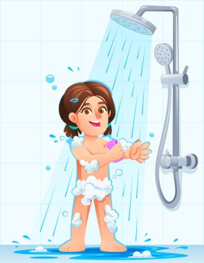 Neşeli kız duş başlığının altında pembe bir sabunla kolunu ovalıyor. Vektör çizgi film karakteri çizimi