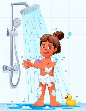 Kıvırcık saçlı kız sarı plastik bir ördeğin yanında kolunu sabunla ovuyor. Vektör çizgi film karakteri çizimi