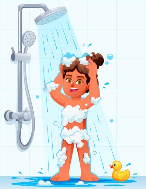 Kıvırcık saçlı, duşta şampuan köpüğüyle başını yıkayan genç bir kız. Vektör çizgi film karakteri çizimi