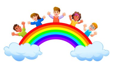 Gökyüzünde renkli bir gökkuşağının ardında el sallayan bir grup mutlu çocuk. Vektör çizgi film illüstrasyonu