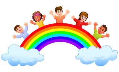 Neşeli çoklu etnik çocuklar canlı bir gökkuşağının arkasından gülümseyip el sallıyorlar. Vektör çizgi film illüstrasyonu