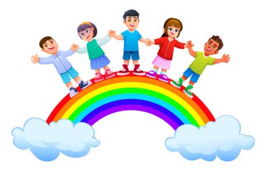 Parlak bir gökkuşağının üzerinde dururken el ele tutuşan bir grup mutlu çocuk. Vektör çizgi film illüstrasyonu
