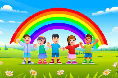 Büyük, parlak bir gökkuşağının altında yeşil bir çayırda el ele tutuşan bir grup çocuk. Vektör çizgi film illüstrasyonu