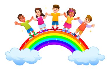 Parlak yıldızlı canlı bir gökkuşağının üstünde el ele tutuşan beş mutlu çoklu etnik çocuk. Vektör çizgi film illüstrasyonu