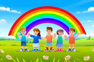 Büyük bir gökkuşağının altında güneşli bir çiçek çayırında el ele tutuşan bir grup mutlu çocuk. Vektör çizgi film illüstrasyonu