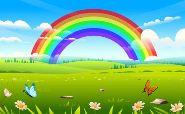 Uçan kelebekler ve çiçeklerle dolu yeşil çayır üzerinde mavi gökkuşağında canlı bir gökkuşağı. Vektör karikatür manzara çizimi
