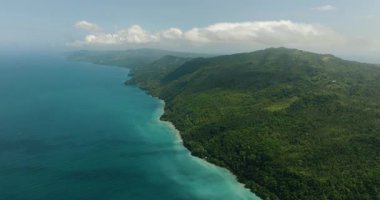 Ormanı ve ormanı olan tropik bir ada. Mavi deniz ve dalgalar. Samal Adası. Davao, Filipinler.