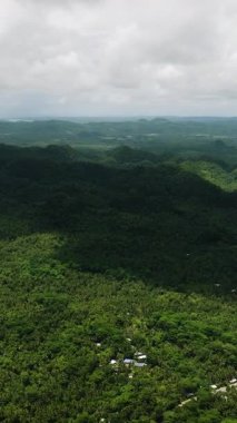 Bulutlu gökyüzünün altında yoğun yeşil bitki örtüsü olan tepe ormanları. Siargao, Filipinler.