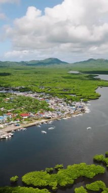 Nehir boyunca kümelenmiş evler ve mangrov arazisi yakınlarında tekneler. Del Carmen. Siargao, Filipinler.