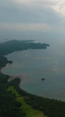 Tropikal adada yeşil orman, mavi deniz ve dalgalar. Mindanao, Filipinler. Dikey görünüm.