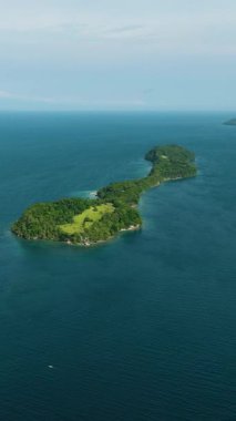 Mavi deniz ve dalgalarla çevrili yeşil ağaçları olan tropik bir ada. Mavi gökyüzü ve bulutlar. Samal Adası. Davao, Filipinler. Dikey görünüm.