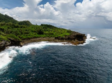 Yoğun orman ve kayalık burunlar kıyıya vuran dalgalar parçalı bulutlu gökyüzünün altında.