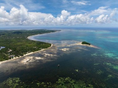 Geniş kıyı şeridi, yeşil bitki örtüsü ve küçük adası olan tropik kıyı lagünü. Siargao, Filipinler.