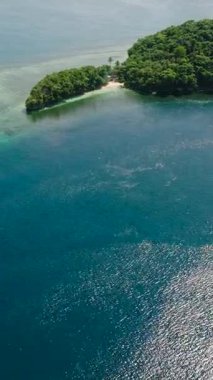 Kumlu ve mavi denizli tropik adanın dikey görüntüsü. Millari Adası. Mindanao, Filipinler.