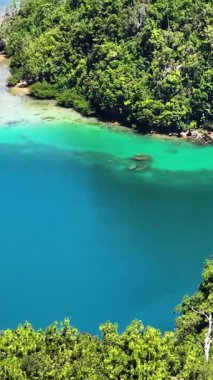 Yeşil lagünü ve plajı olan Tinago Adası. Tagana-an, Surigao del Norte. Filipinler. Görüntüyü yakınlaştır. Dikey, hikayeler.