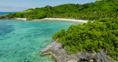 Mercanlı ve berrak sulu tropikal sahil manzarası. Cobrador Adası. Romblon, Filipinler.