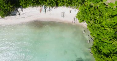 Kumlu sahil üzerinde balıkçı tekneleri olan tropik bir manzara. Carabao Adası, Romblon. Filipinler.